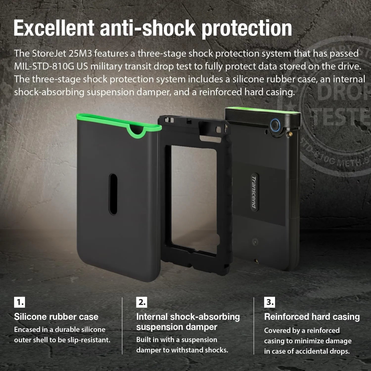 Transcend StoreJet 25M3 Portable HDD Rugged Degisn with Auto-backup Button - متجر TT Tab للتقنيات الحديثة