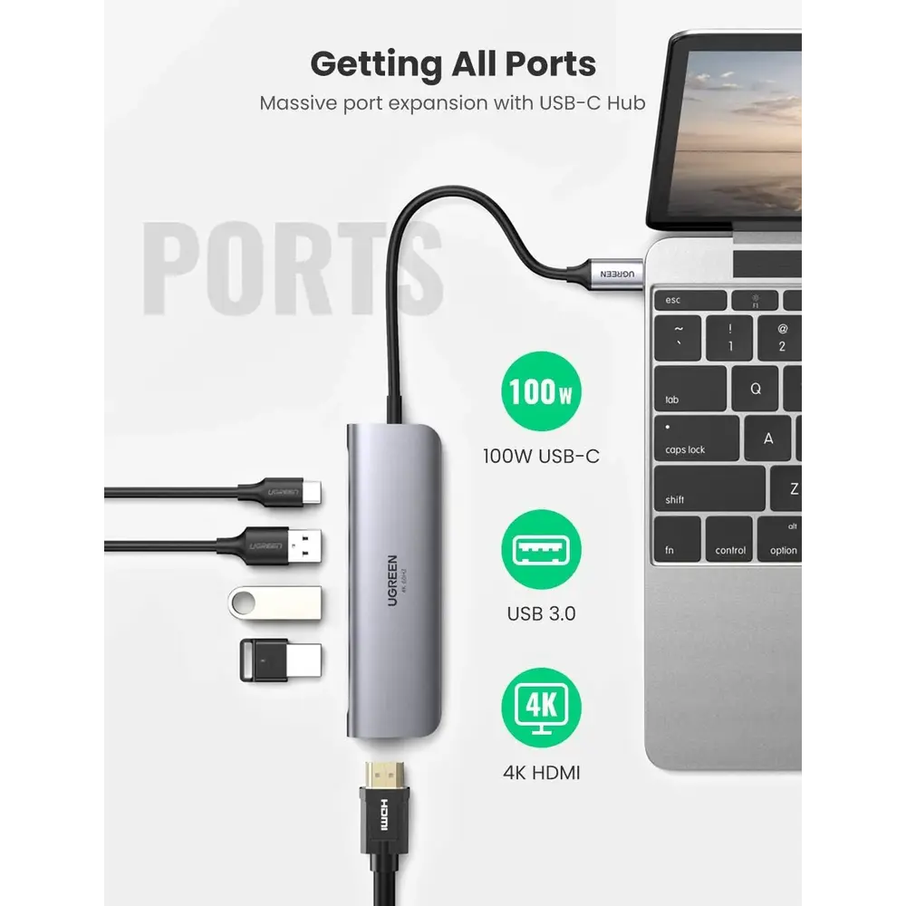 UGREEN 70495 5-in-1 USB-C Hub 3×USB-A 3.0 with 4K@60Hz HDMI & 100W PD Input - متجر TT Tab للتقنيات الحديثة
