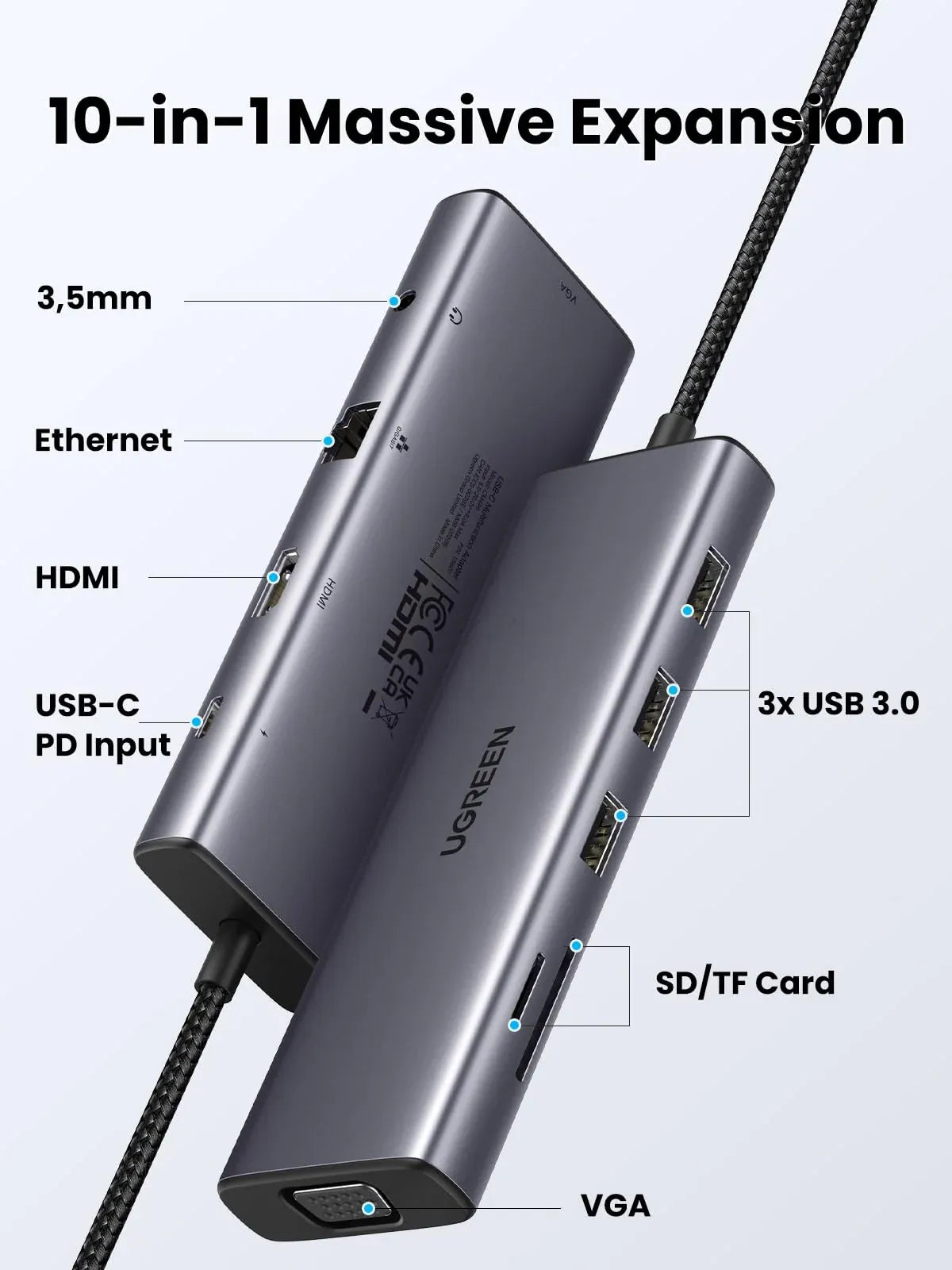 UGREEN 15601 10-in-1 USB-C Docking Station with 4K@30Hz HDMI & VGA & Gigabit Ethernet & 100W PD Input - متجر TT Tab للتقنيات الحديثة