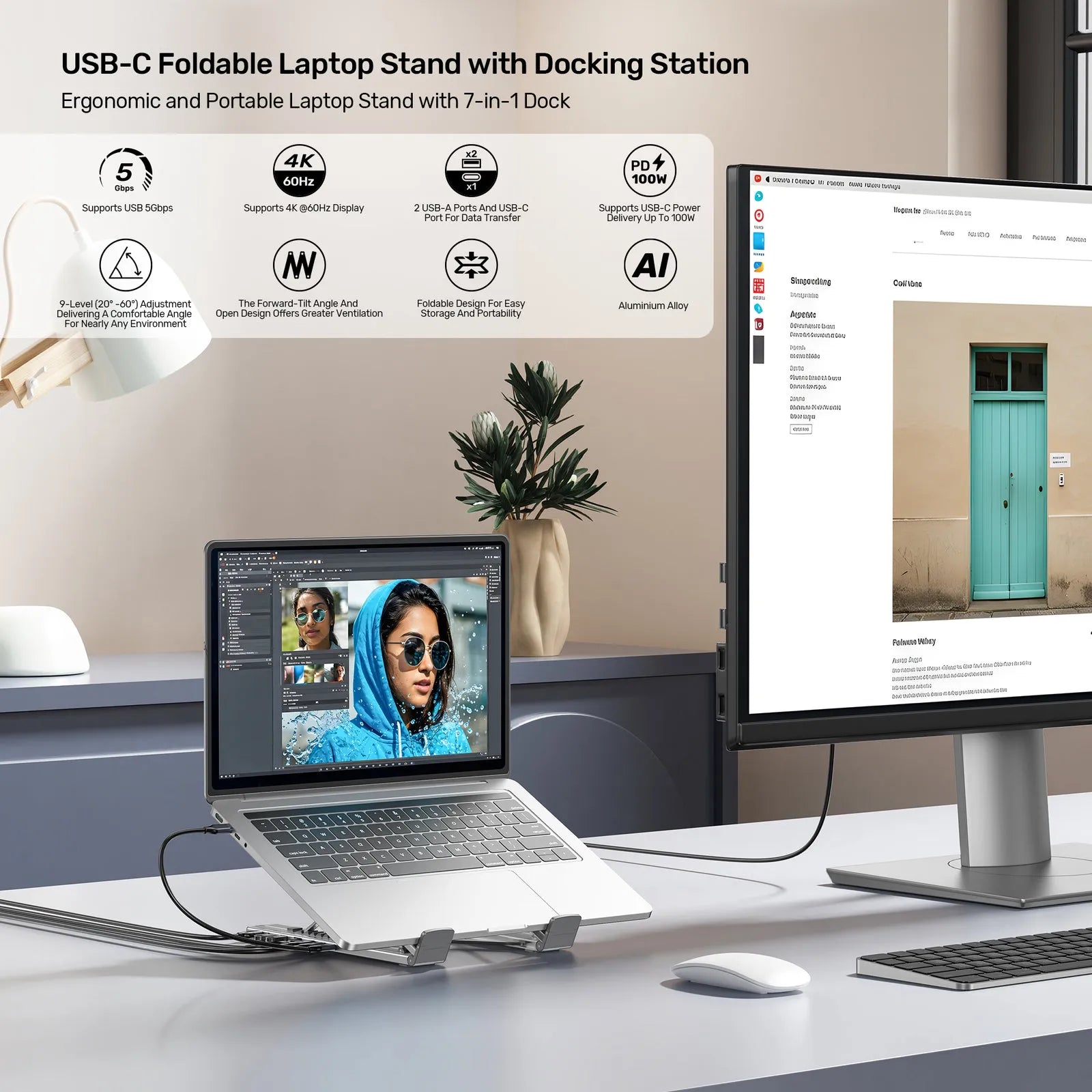 Unitek D1137AGY01 USB-C Foldable Laptop Stand with Docking Station - متجر TT Tab للتقنيات الحديثة