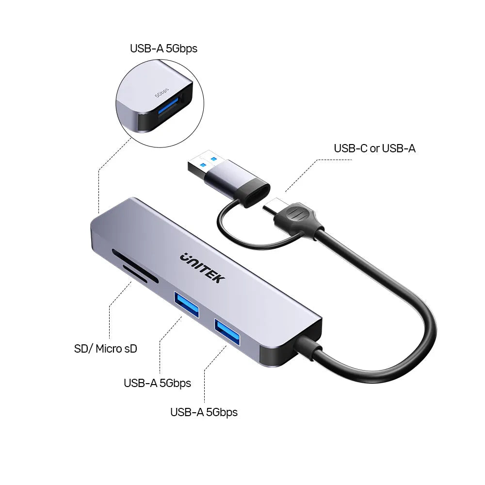 Unitek H1320A uHUB P5+ 5-in-1 USB 5Gbps Hub with SD and Micro SD Card Reader