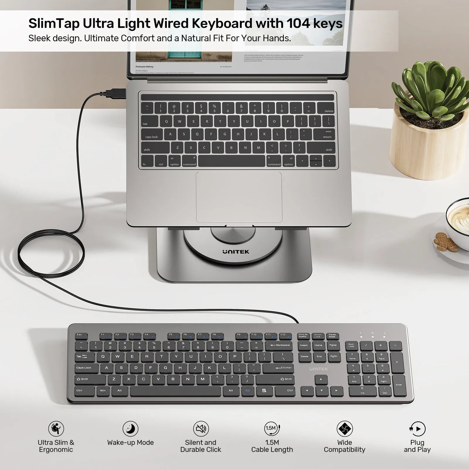 UNITEK SlimTap Ultra-Light Wired 104-Key Full-Size Keyboard with Quiet Scissor Keys - متجر TT Tab للتقنيات الحديثة