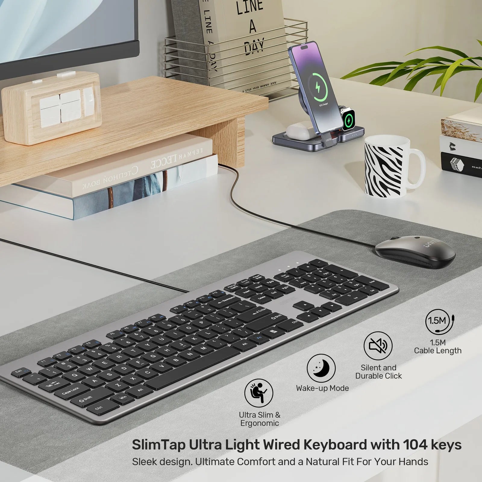 UNITEK SlimTap Ultra-Light Wired 104-Key Full-Size Keyboard with Quiet Scissor Keys - متجر TT Tab للتقنيات الحديثة