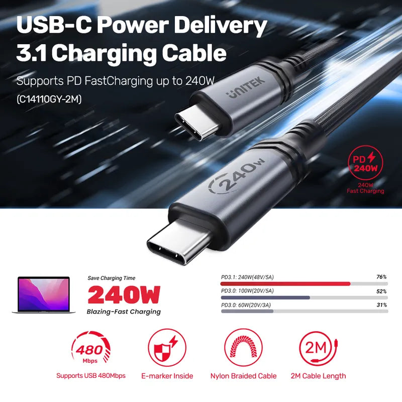 Unitek C14110GY-2M Type-C to Type-C Power Delivery 3.1 Charging Cable 240W
