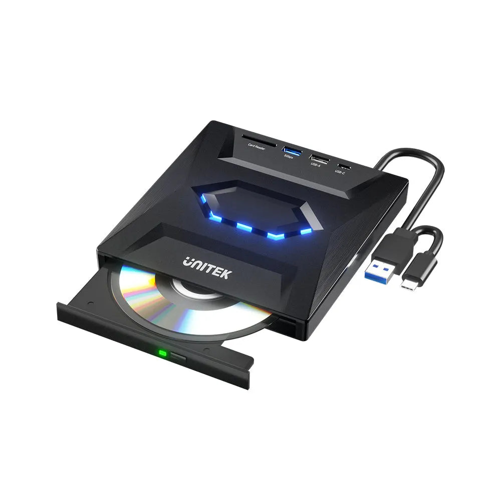 A black Unitek 5-in-1 external optical drive with a USB hub and card reader, featuring a disc tray and USB ports.