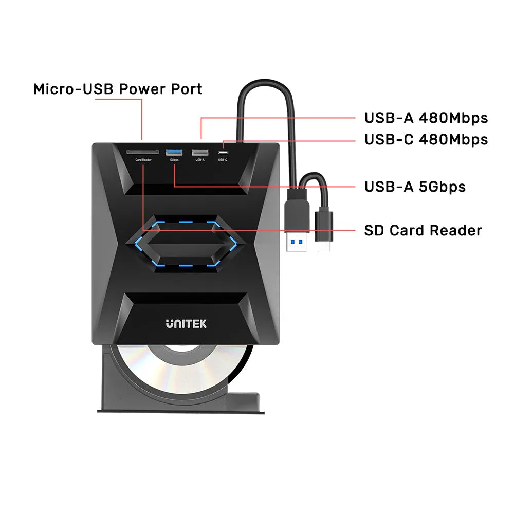 Unitek T1037A01 5-in-1 External DVD-RW Type-A/C with USB Hub and Card Reader