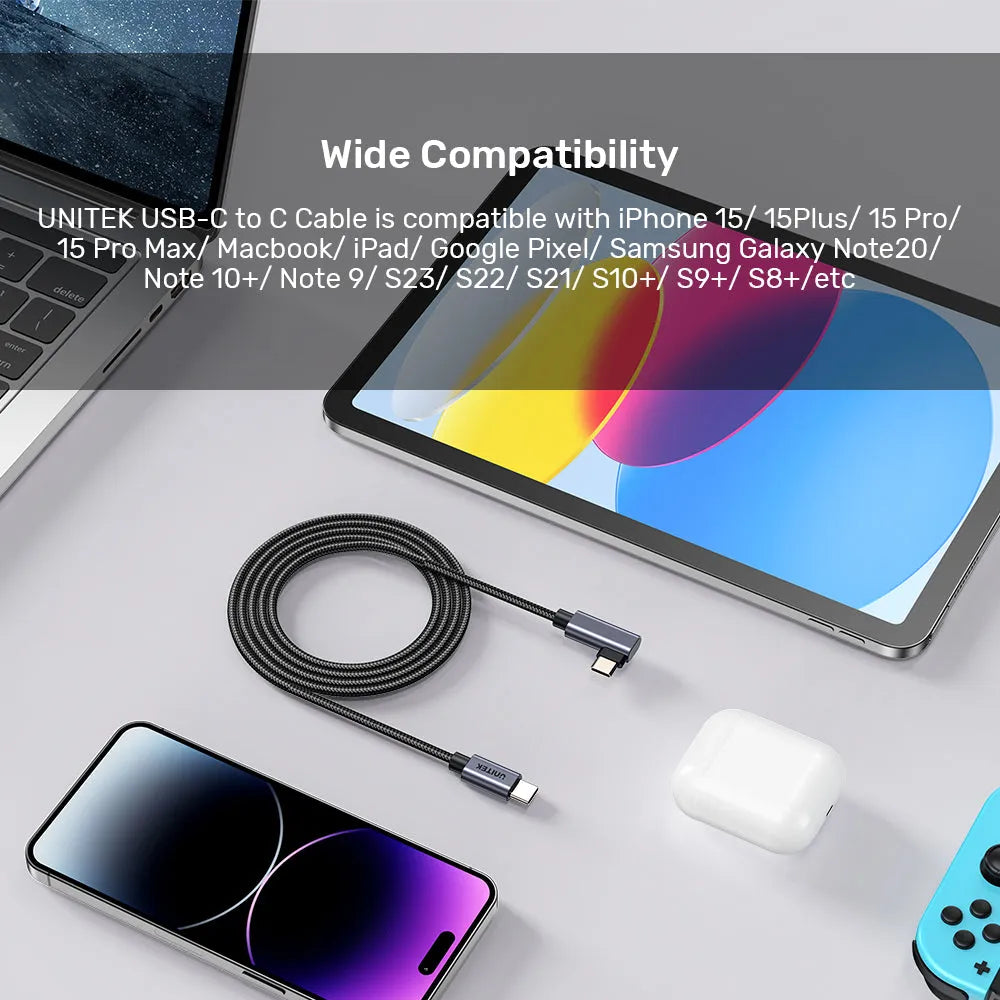 Unitek C14123BK 100W USB-C to USB-C Charging Cable with 90° Connector - متجر TT Tab للتقنيات الحديثة