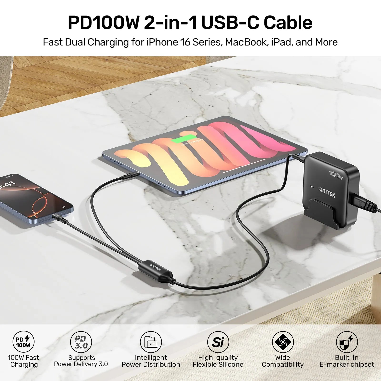Unitek C14146ABK 100W 2-in-1 USB-C to Dual USB-C Charging Cable 1.8m - متجر TT Tab للتقنيات الحديثة