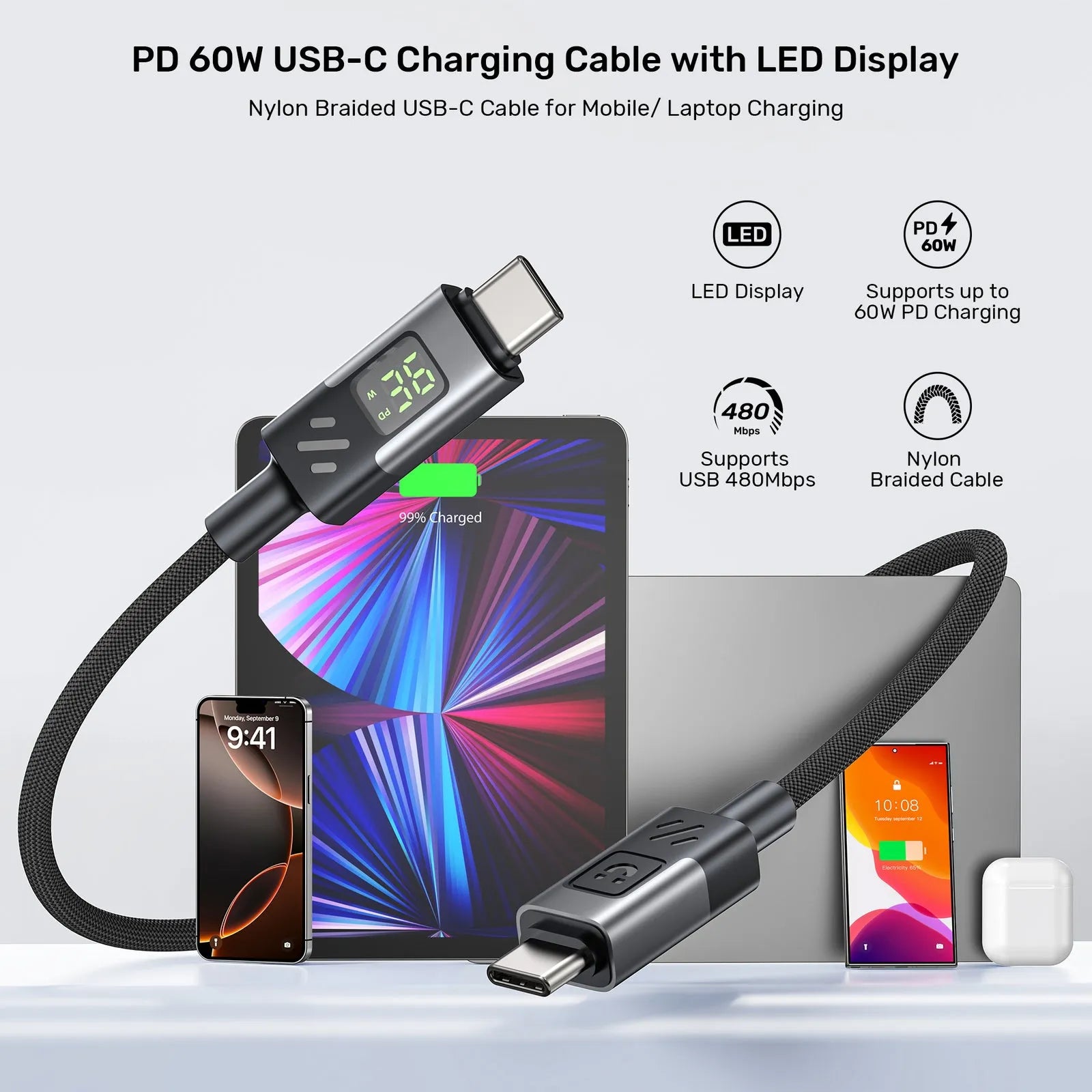 Unitek C14158ABK PD 60W USB-C to USB-C Charging Cable with LED Display - متجر TT Tab للتقنيات الحديثة