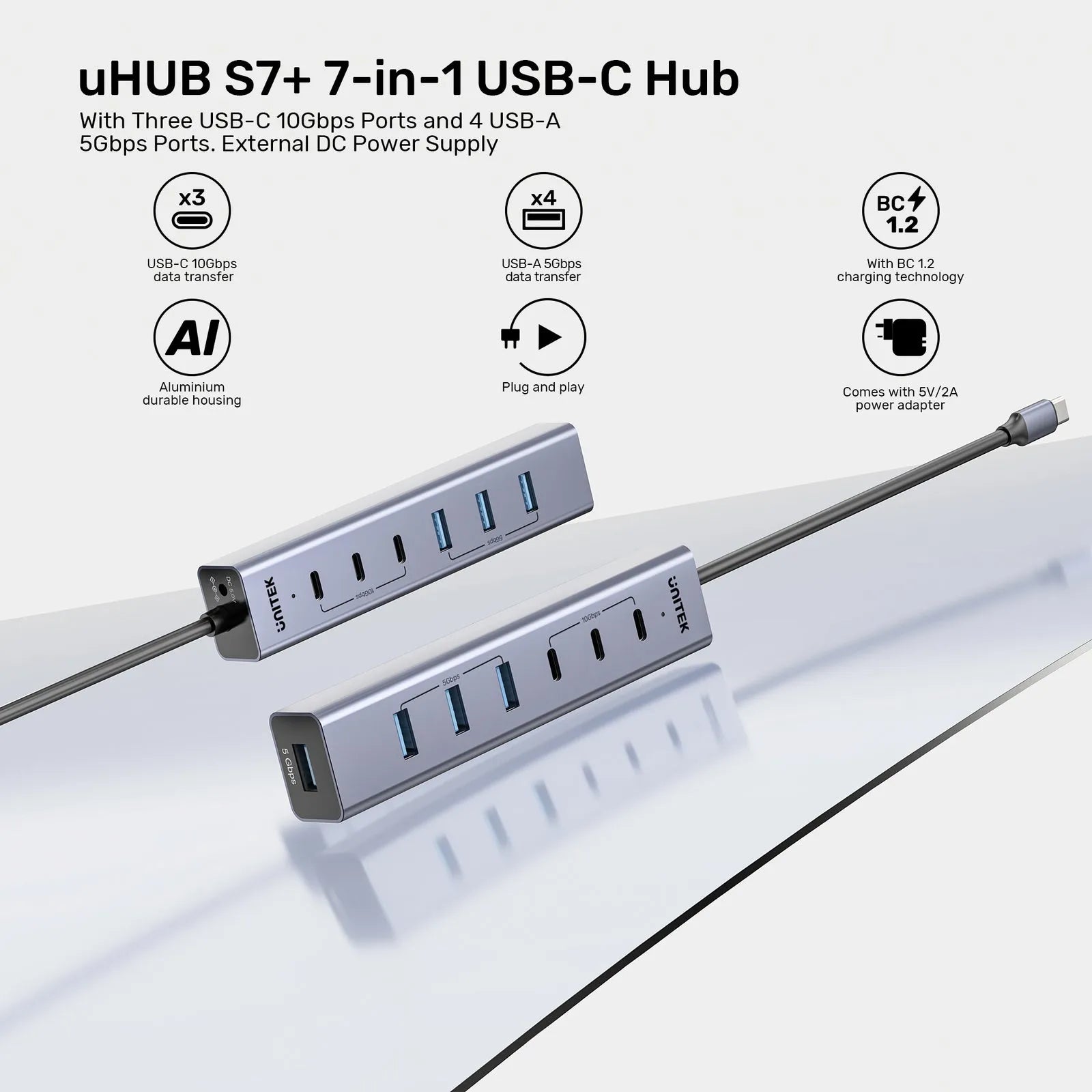 Unitek H1335AGY01 uHUB S7+ 7-in-1 USB-C Hub With 3 USB-C 10Gbps Power Adapter - متجر TT Tab للتقنيات الحديثة
