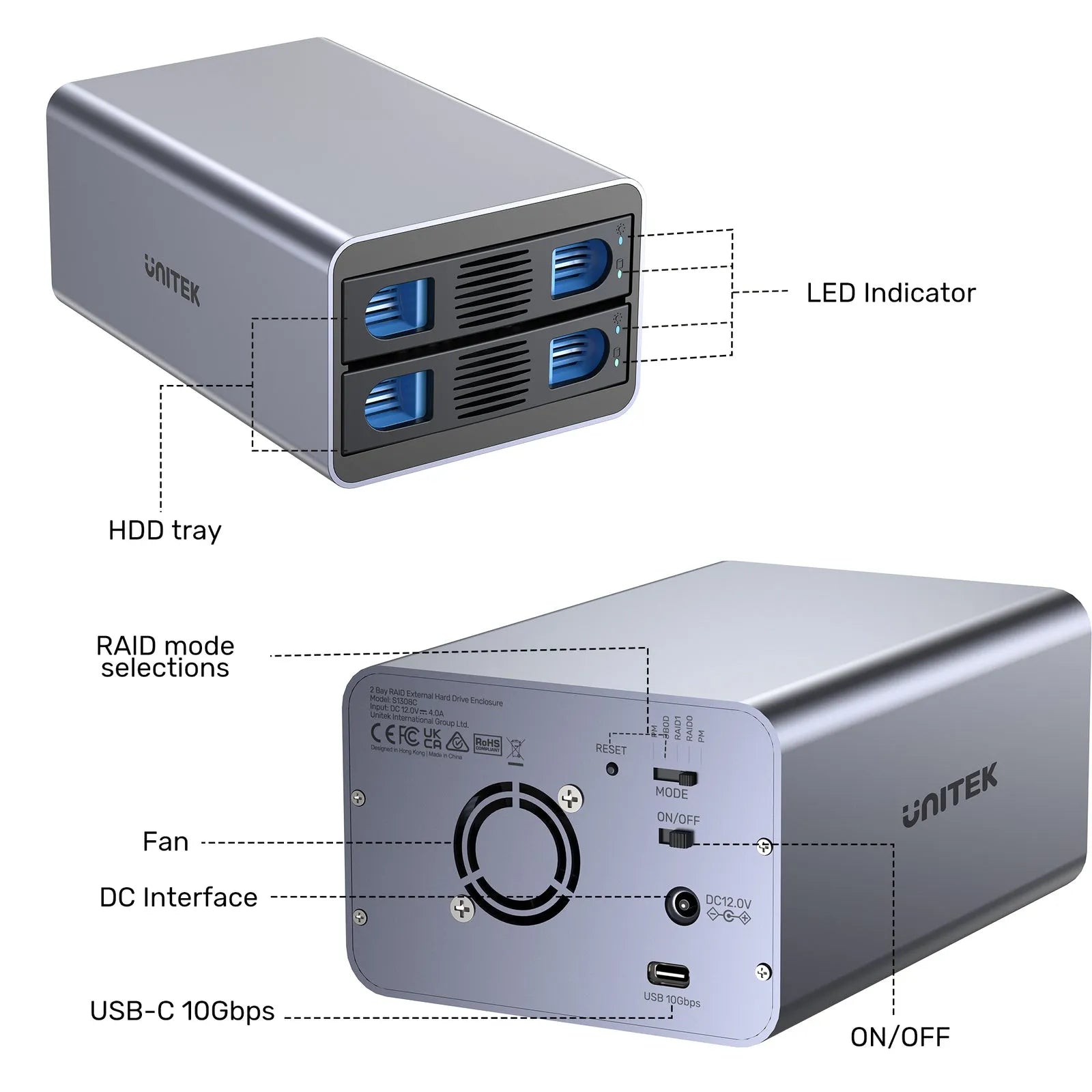 Unitek S1308C 2 Bay USB-C RAID External Hard Drive Enclosure