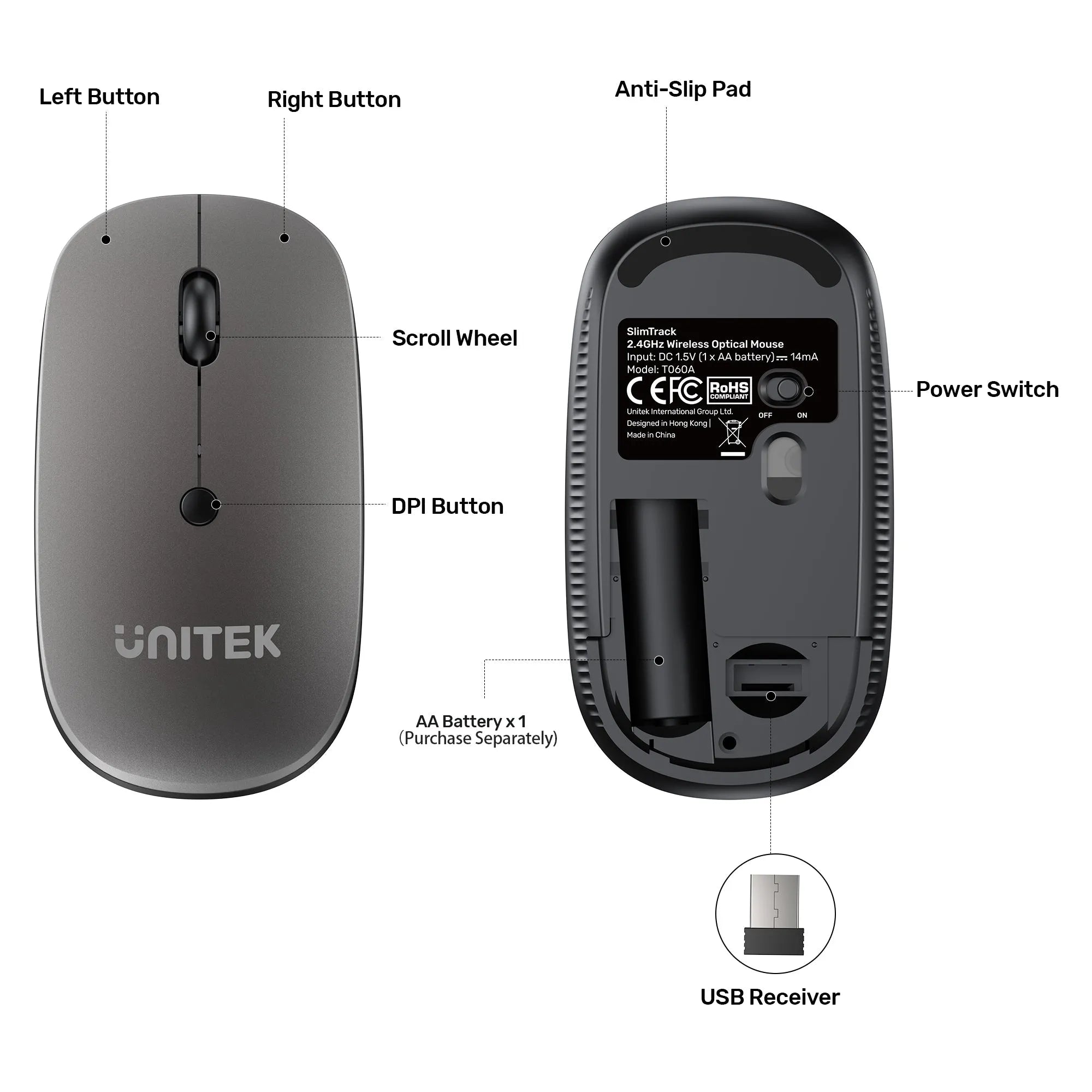 Unitek SlimTrack 2.4GHz Wireless Optical Mouse with Quiet Clicks - متجر TT Tab للتقنيات الحديثة