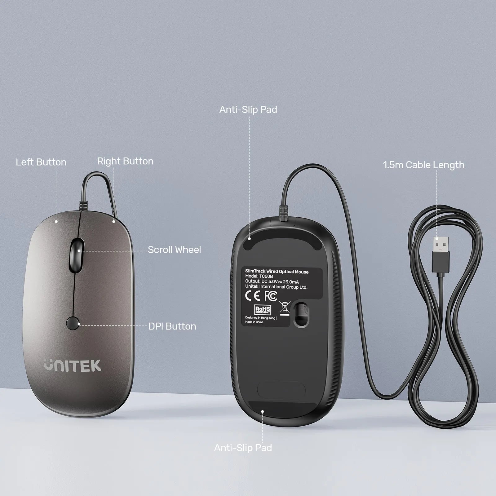 Unitek SlimTrack Wired Optical Mouse with Quiet Clicks - متجر TT Tab للتقنيات الحديثة